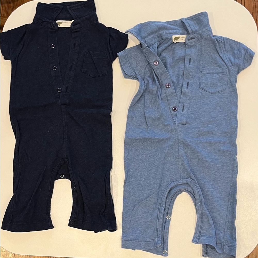 Monica and Andy - Blue Collared Romper Duo - Size 3-6 Months